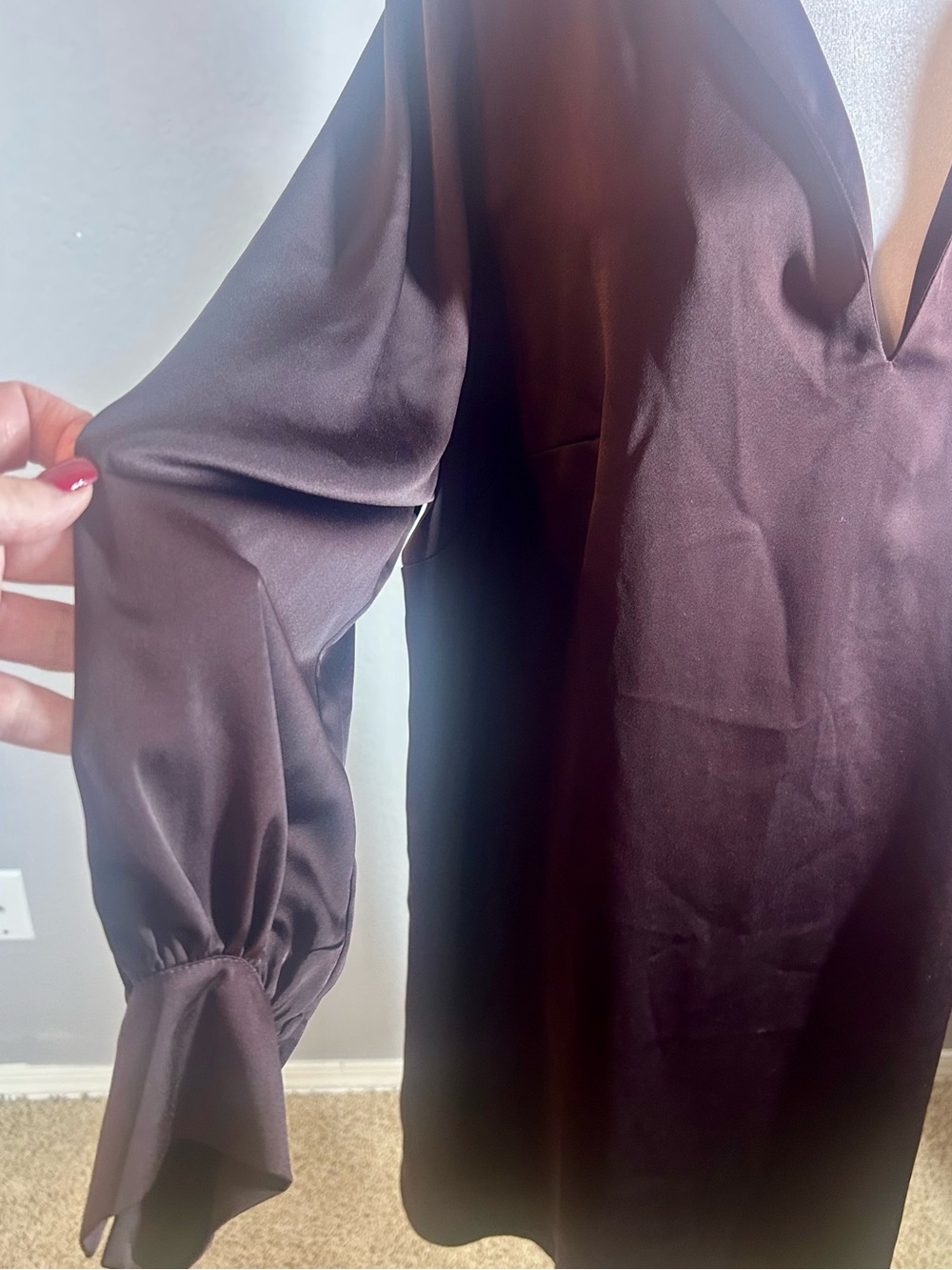 H&M Dark Chocolate Brown Satin Like Oversized Shirt Tunic Dress Blouson Sleeve L - Picture 3 of 13